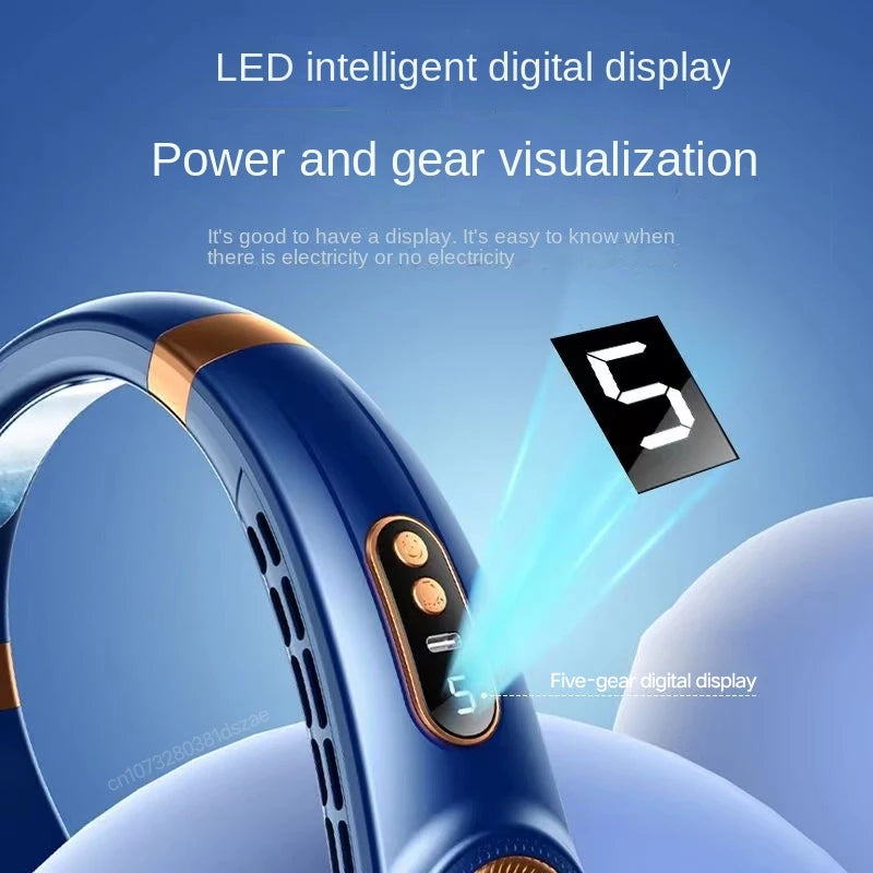 Portable Neck Fan USB Handheld Mute LED Digital Display Colorful Atmosphere Lights